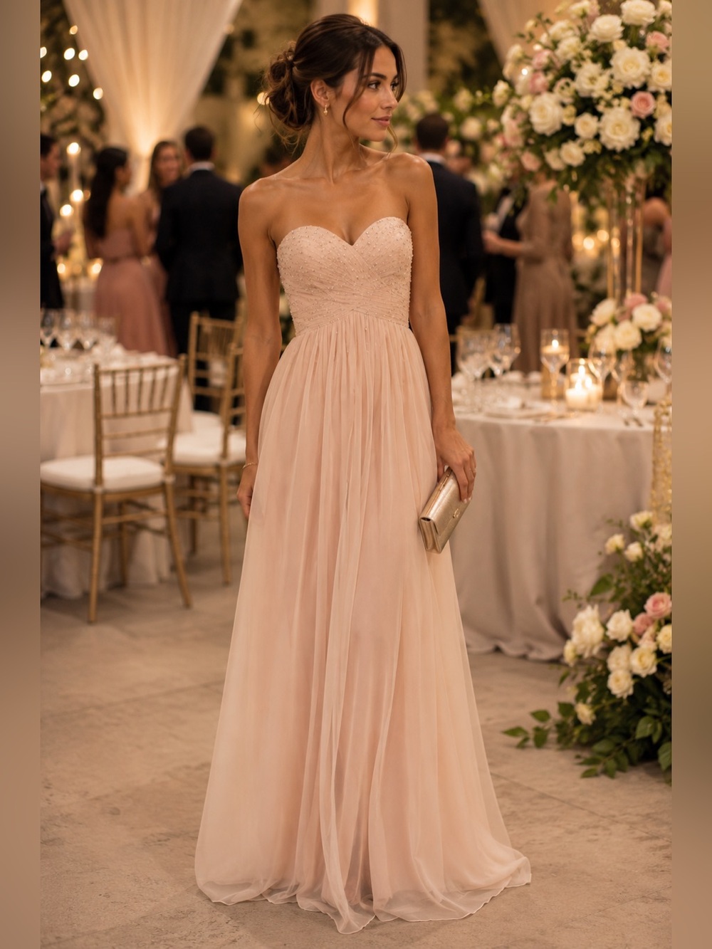 La Femme Nude Strapless Chiffon Gown Dress